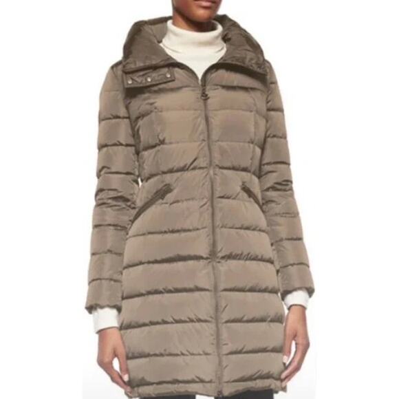 MONCLER Flamme Giubbotto Long Down Jacket Taupe Parka Stowable Hood Women's 3/L - Picture 1 of 16